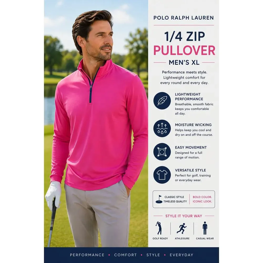 Polo Ralph Lauren Golf Pullover Mens XL Pink Performance 1/4 Zip Athletic Sport